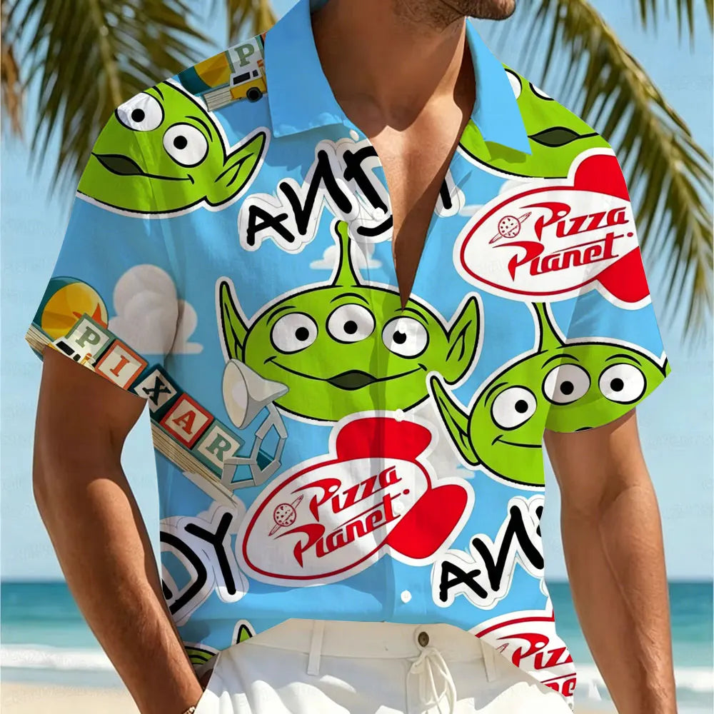 Alien-Shirt – Himmelblauer Pizza-Planet-Druck und Blöcke Pixar