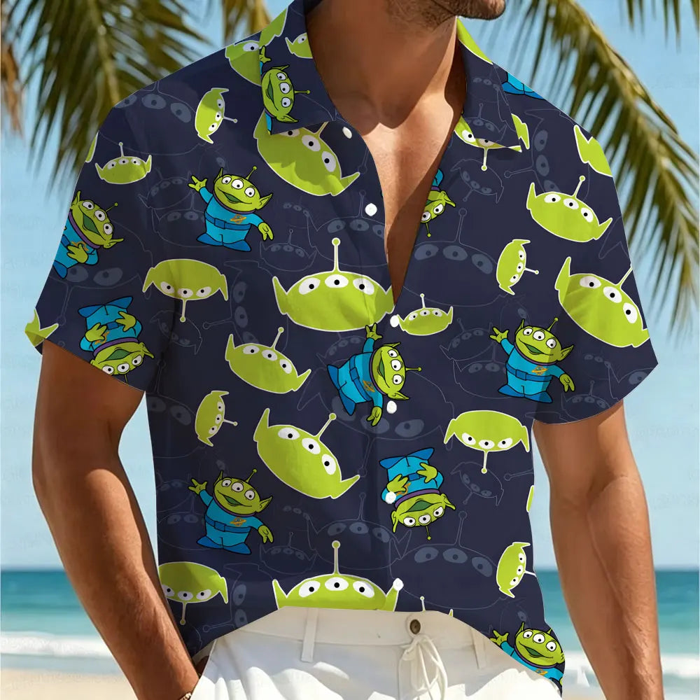 Alien-Hemd – Marineblauer Blaudruck, Raumanzug und Gesichter