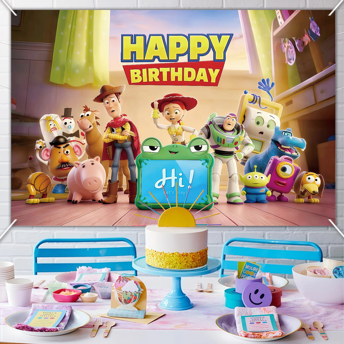 Pancarta Photobooth Toy Story y Lilypad - Texto Happy Birthday, Grupo Completo Decoración Habitación