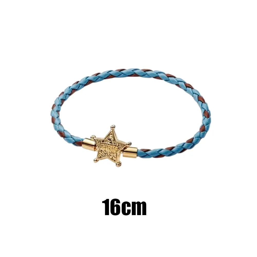 Bracelet Étoile de Shérif Woody - Cuir Tressé Bleu Marron 16cm