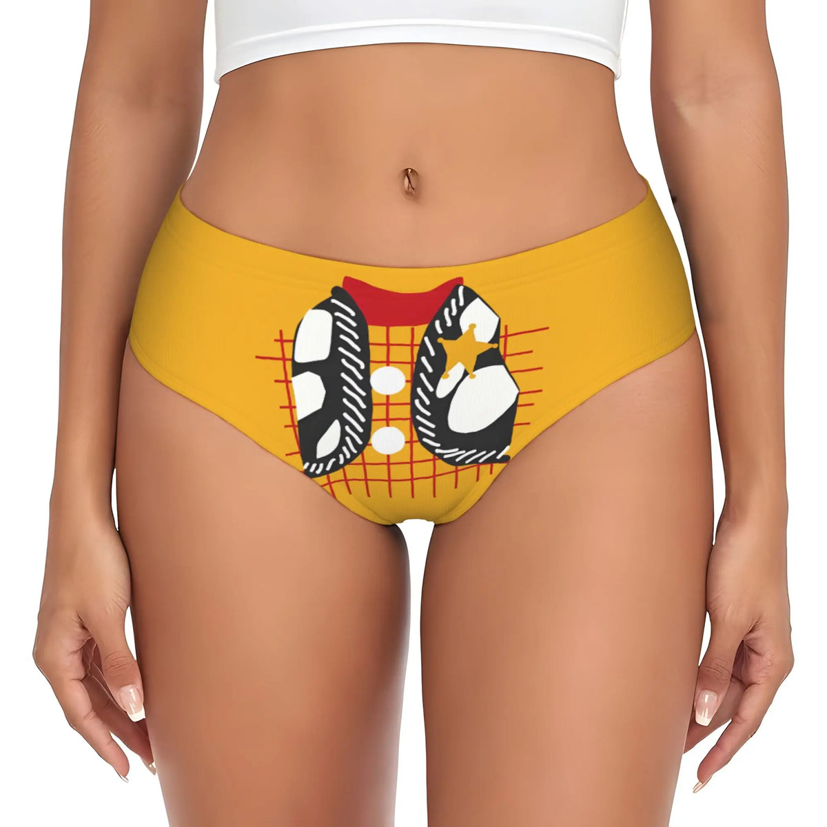 Culotte Woody - Gros Plan Gilet Badge Étoile Cadre Vache Fond Jaune Orange (Tissu Stretch)