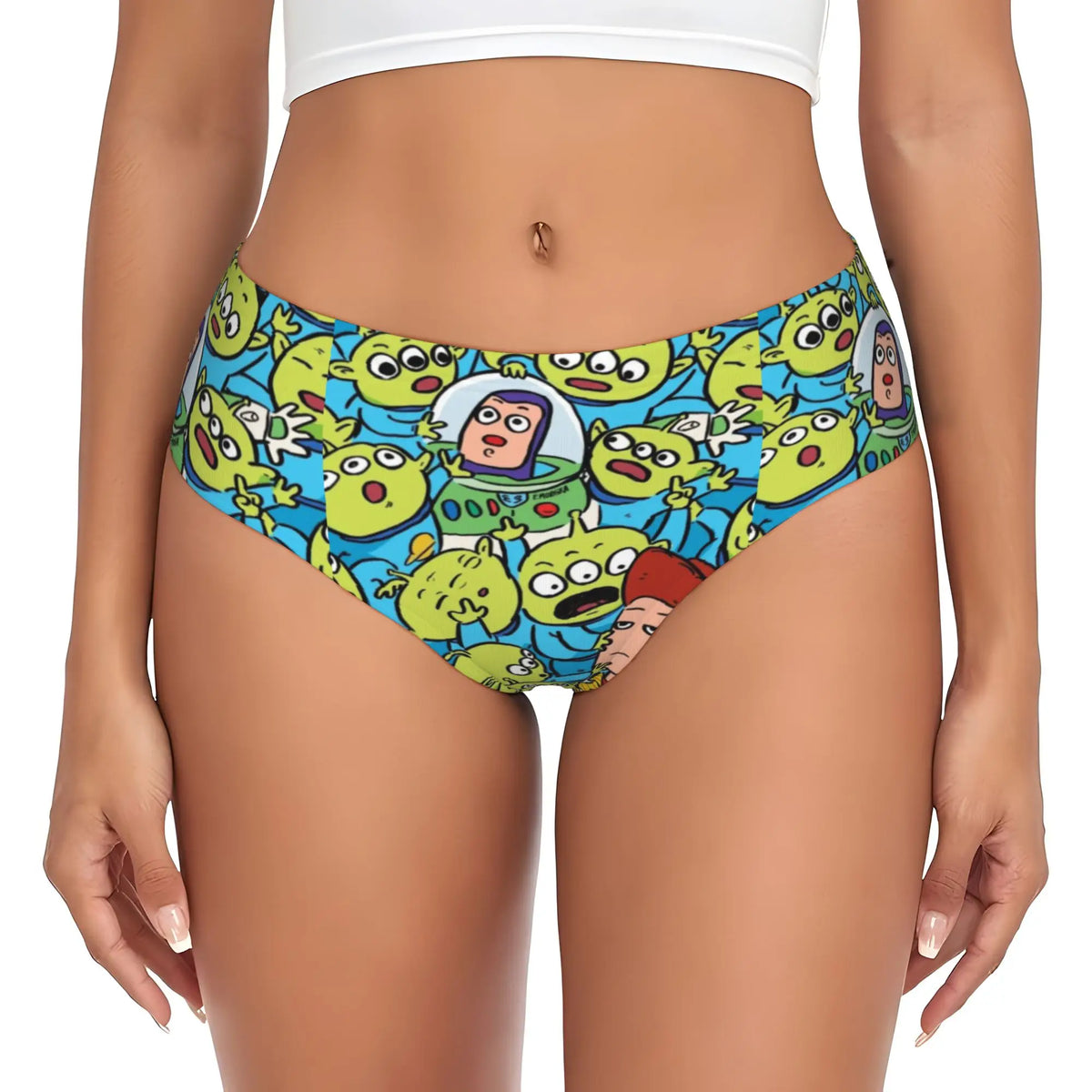 Toy Story Panties – Blauer Hintergrund, Aliens, Buzz in Helm und Jessie (atmungsaktiver Stoff)