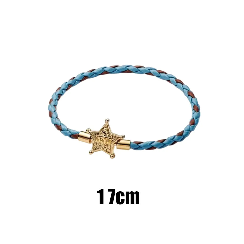 Bracelet Étoile de Shérif Woody - Cuir Tressé Bleu Marron 17cm