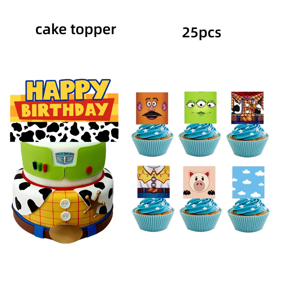 Topper per Torte e Cupcake Multi-Personaggio - Happy Birthday Potato Alien Woody Jessie Hamm 25pz