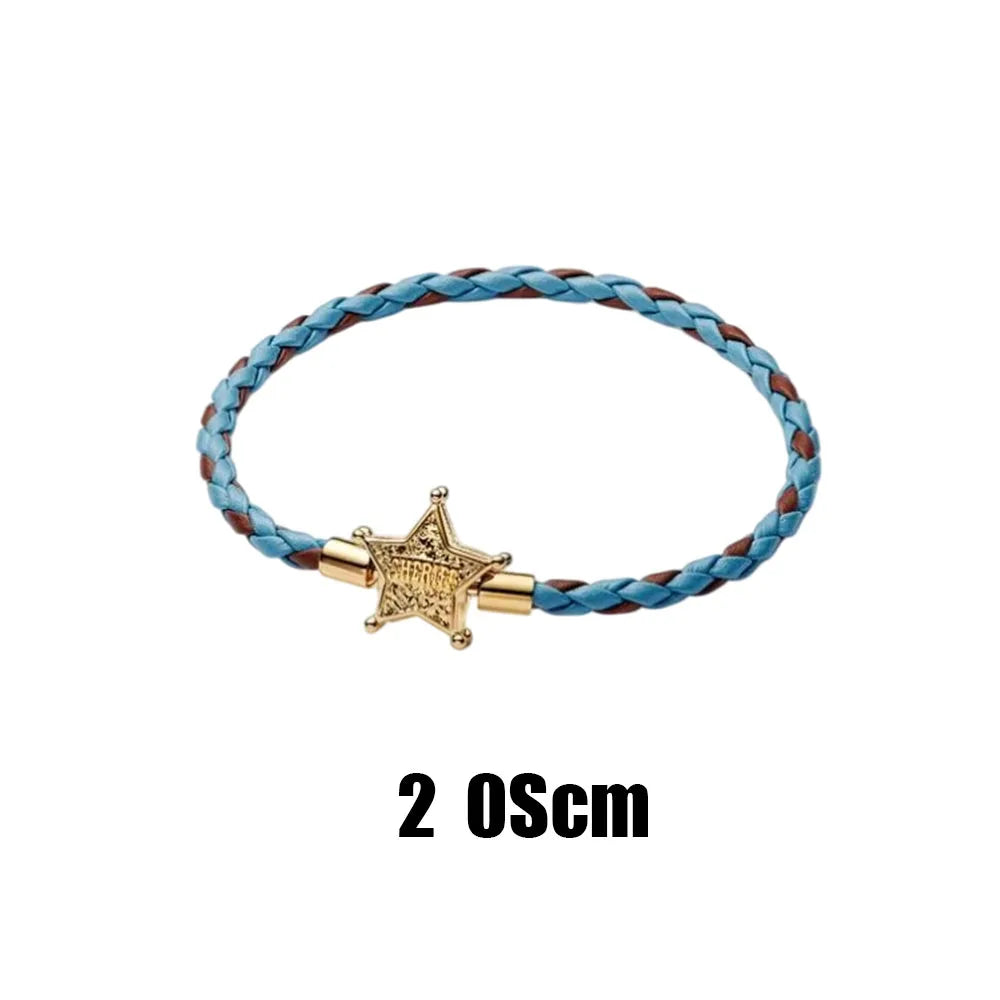 Bracelet Étoile de Shérif Woody - Cuir Tressé Bleu Marron 20cm