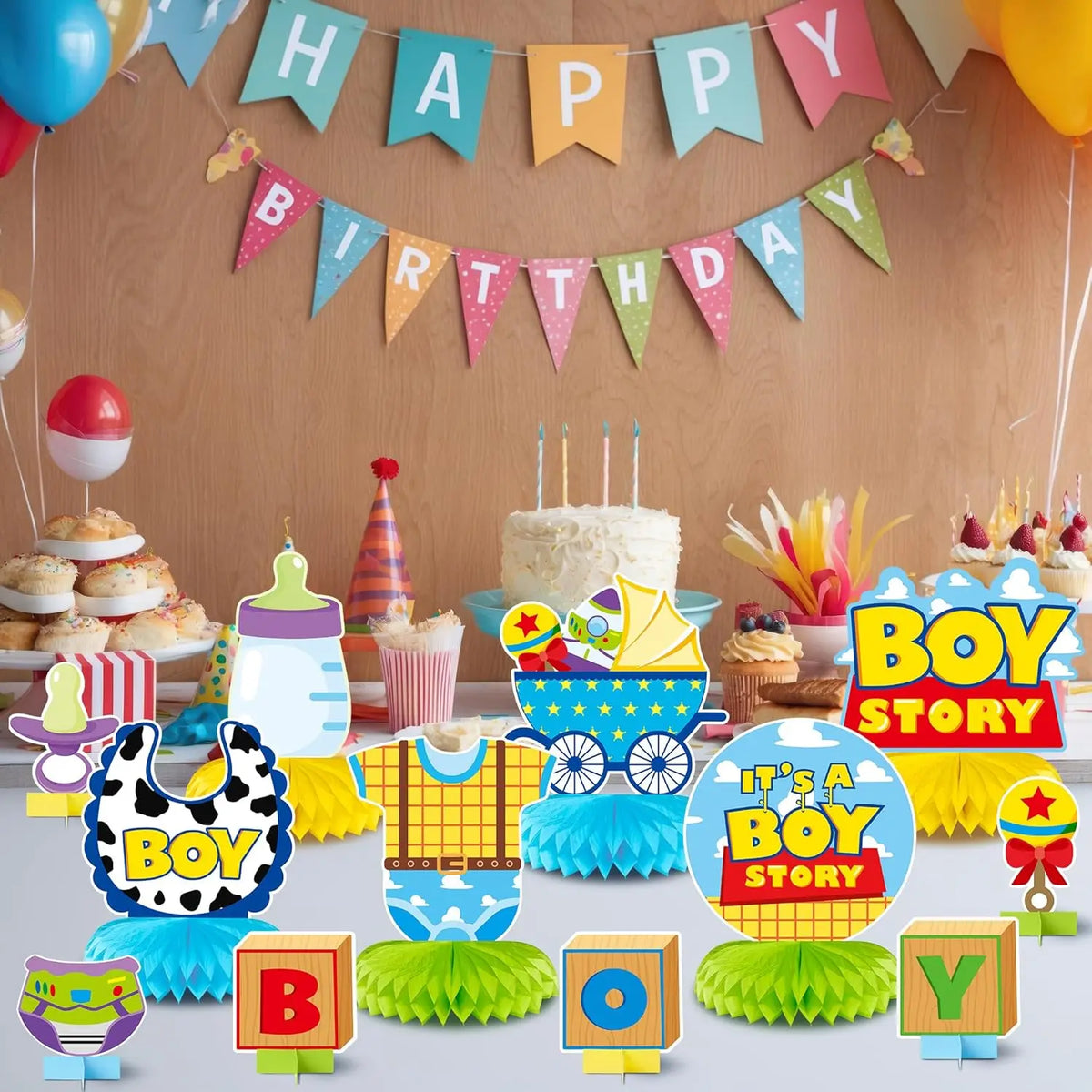 Toy Story Waben-Mittelstück – Babyparty "Boy Story" (Woody, Buzz, Kuhmuster)