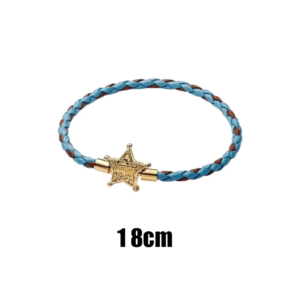 Bracelet Étoile de Shérif Woody - Cuir Tressé Bleu Marron 18cm