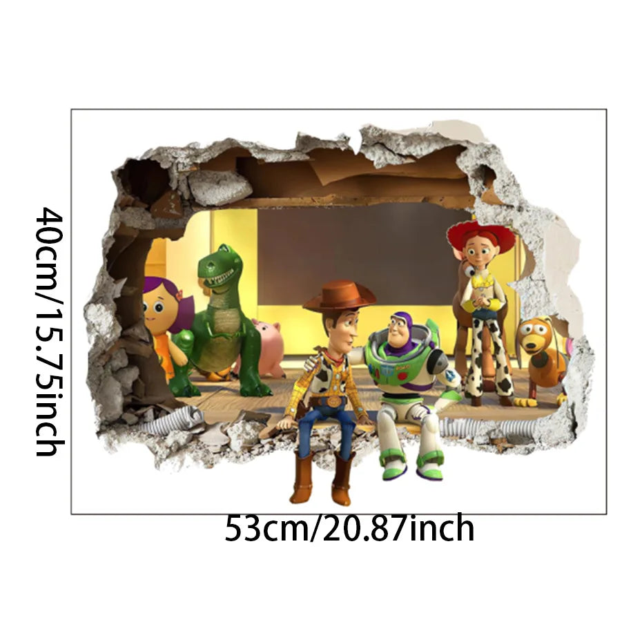Sticker Mural Toy Story - Effet trompe-l'œil mur brisé (Woody Buzz Jessie Rex)