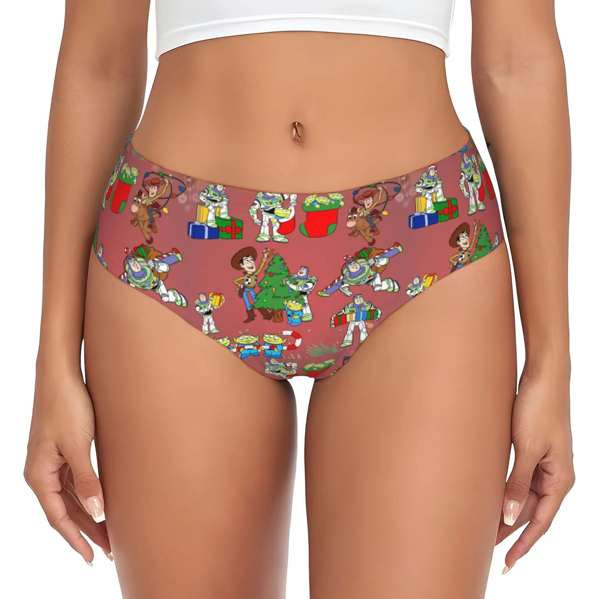 Toy Story Panties – Roter rosa Hintergrund, Gruppe um den Weihnachtsbaum (Woody, Buzz, Jessie) (atmungsaktiver Stoff)