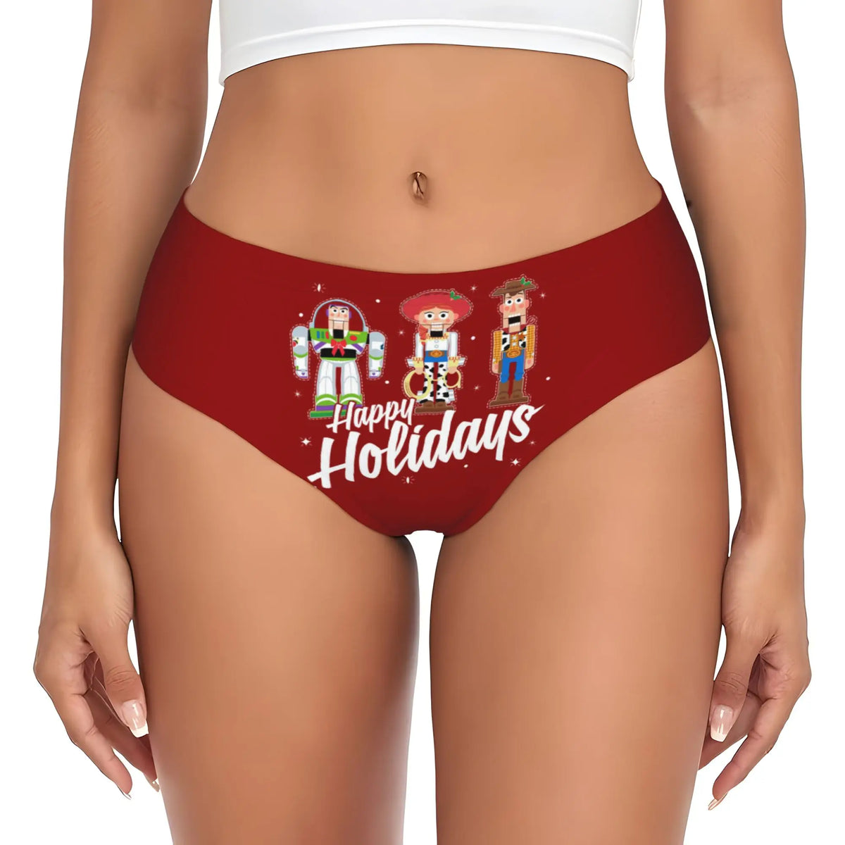 Toy Story Panties – Nussknacker-Charaktere Roter Hintergrund, Happy Holidays Text (Buzz, Jessie, Woody) (atmungsaktiver Stoff)