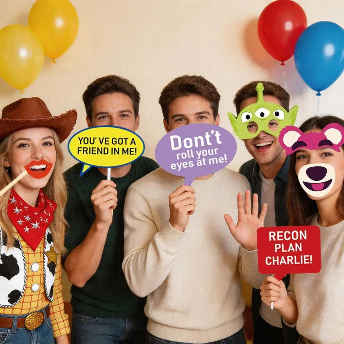 Toy Story Fotokabinen-Requisiten – Masken auf Stöcken, mehrere Charaktere (Buzz, Jessie, Bully, Specki, Zickzack, Lotso, Alien, Rex, Woody)
