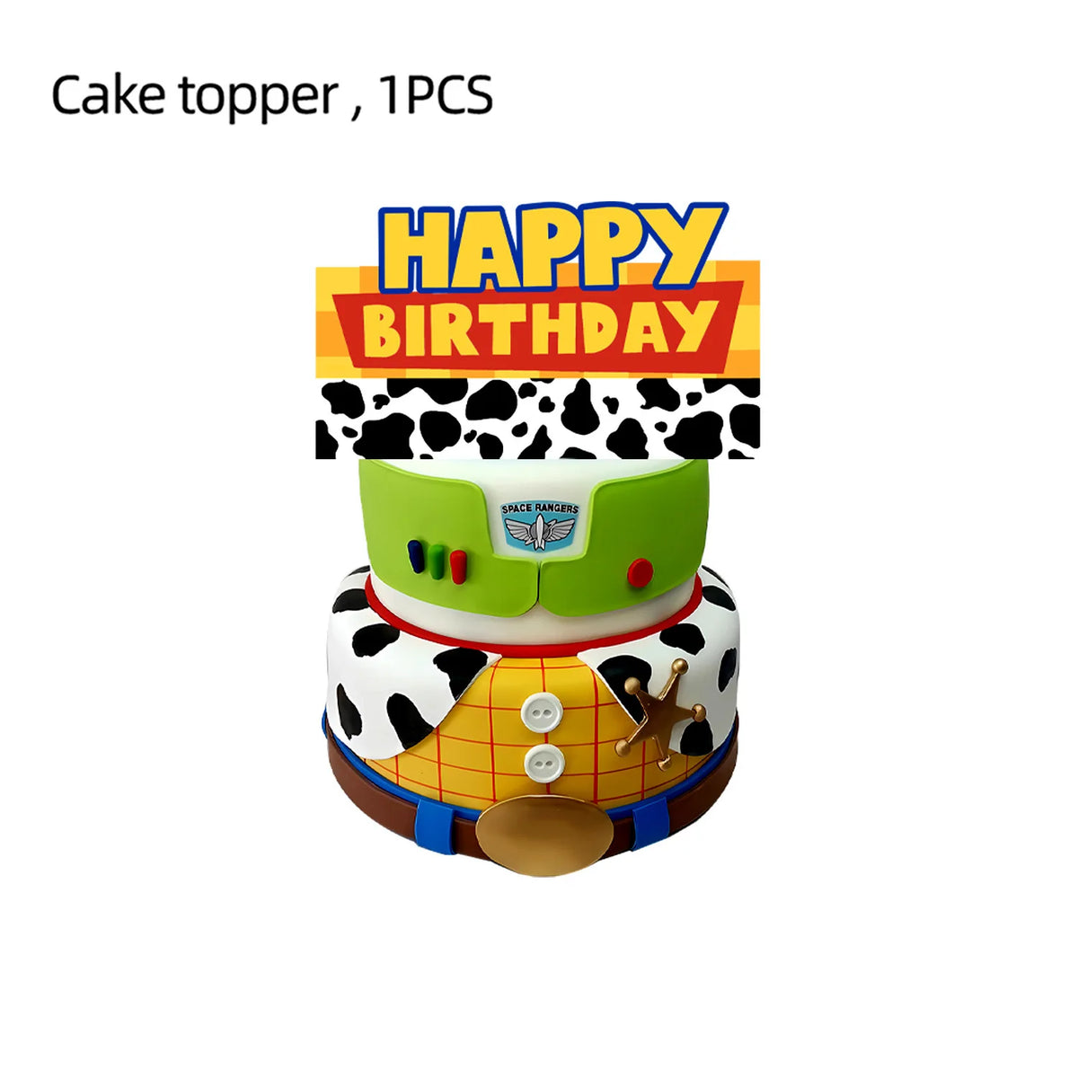 Topper de Gâteau Woody Buzz Rex - Happy Birthday Fond Vache 1pcs