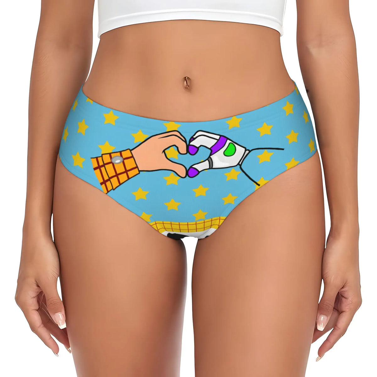 Culotte Woody et Buzz l'Éclair - Coeur Formé par les Mains Fond Bleu Étoiles Jaunes (Tissu Stretch)