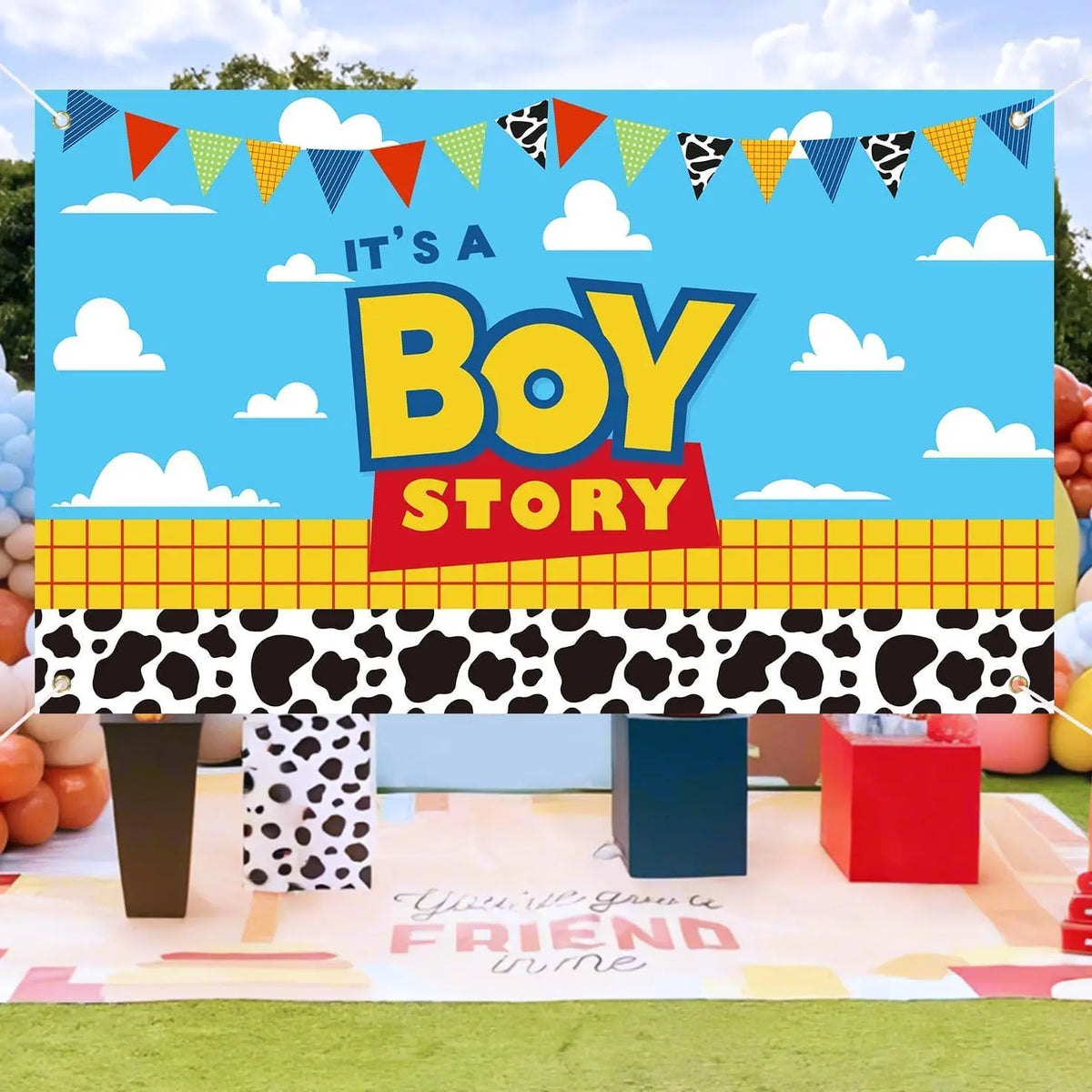 Toy Story Backdrop - Baby Shower "Boy Story", Cow and Sky Pattern