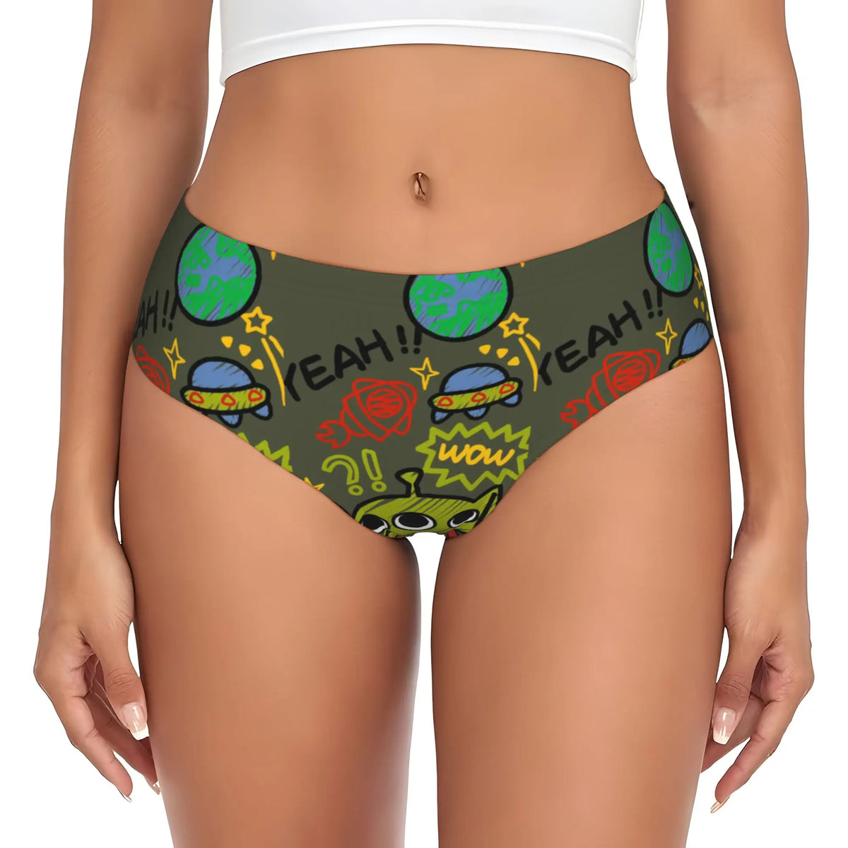 Alien Panties – Khaki-Bottom, Planeten und Untertassen-Comicbuch, Text yes und wow (atmungsaktiver Stoff)