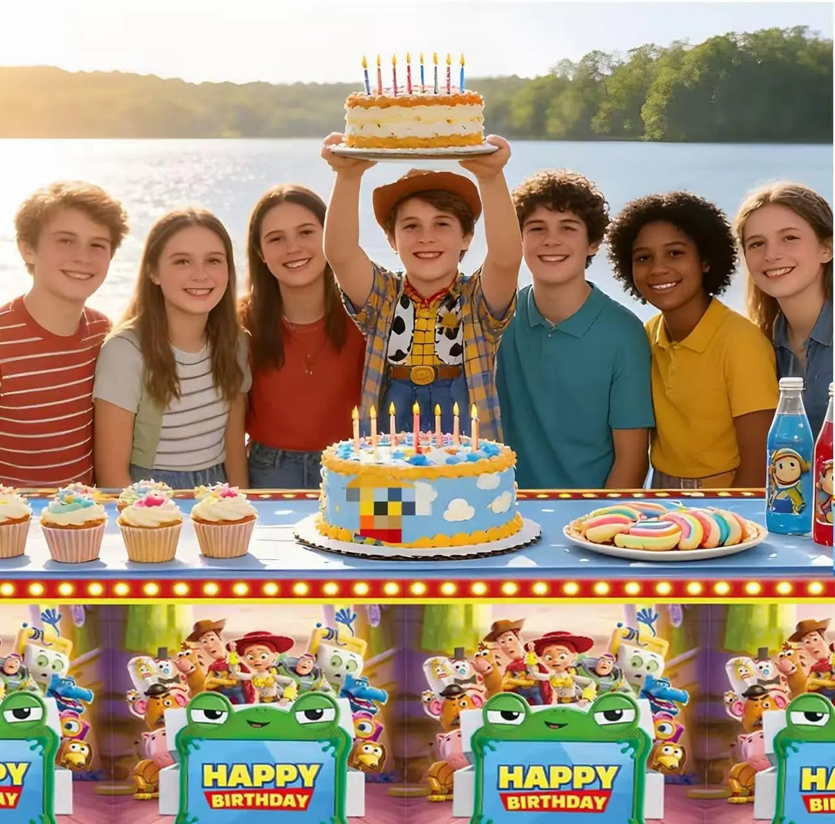 Toy Story tafelkleed - verjaardag, complete groep met leliepad