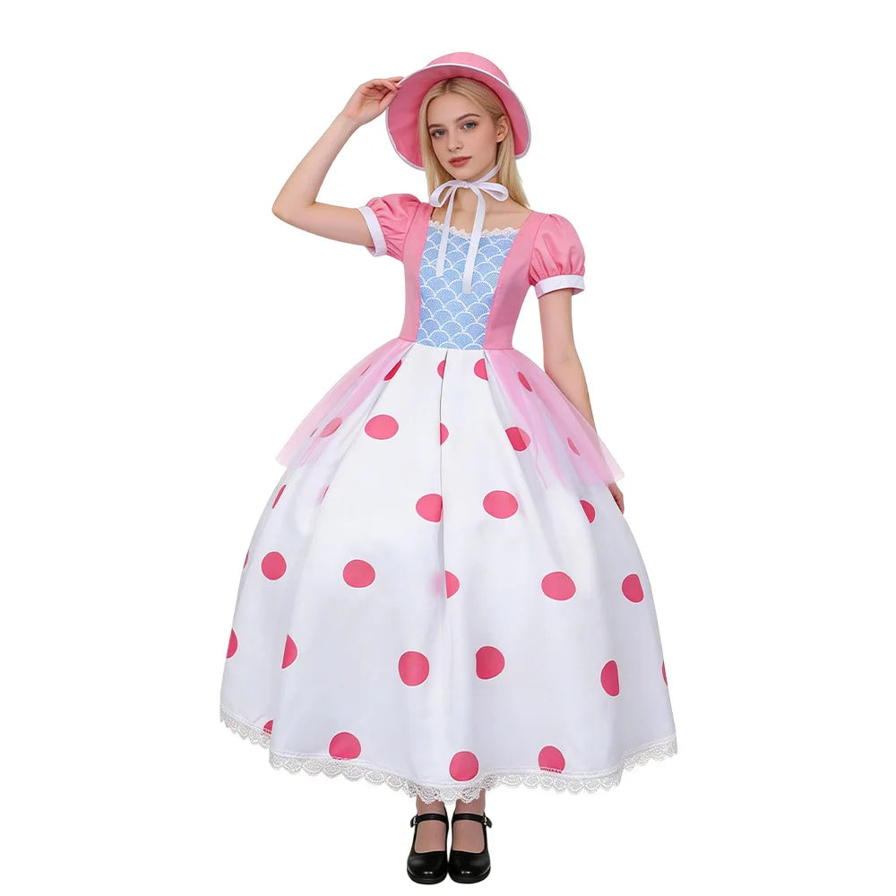 Kostuum Bo Peep - Roze jurk met stippen en bijpassende muts