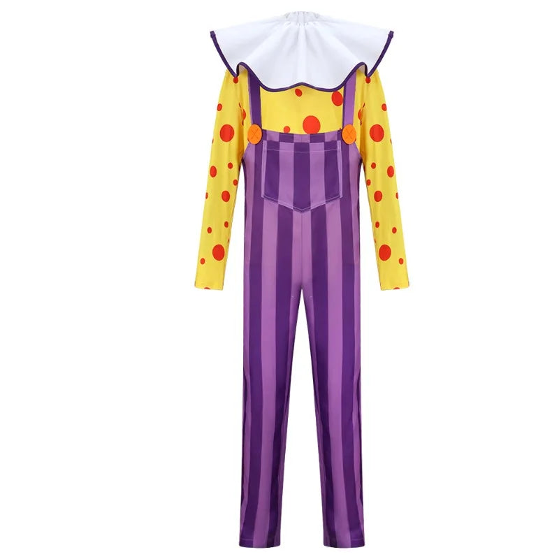 Chuckles-Kostüm – Lila gestreifter Clownkragen-Overalls