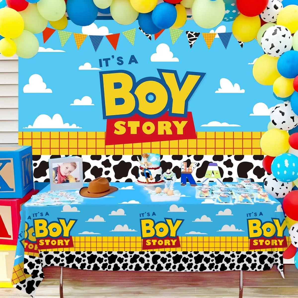 Toy Story Backdrop - Baby Shower "Boy Story", Cow and Sky Pattern