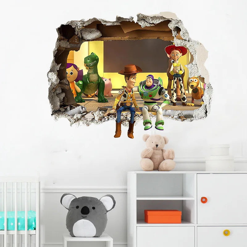 Sticker Mural Toy Story - Effet trompe-l'œil mur brisé (Woody Buzz Jessie Rex)