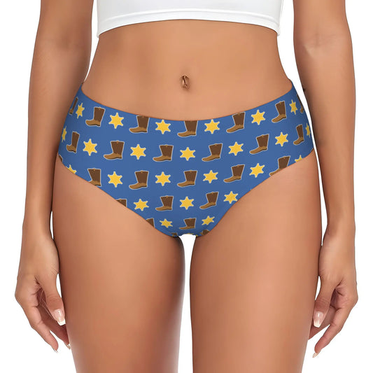 Woody Panties - Cowboylaarzen met herhaald patroon en Sheriff Stars op een blauwe achtergrond (ademende stof)