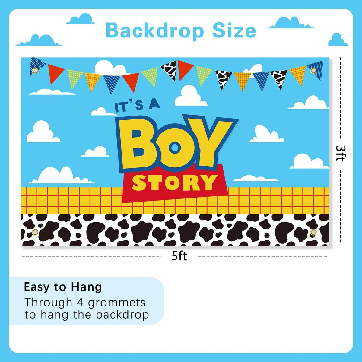 Toy Story Backdrop - Baby Shower "Boy Story", Cow and Sky Pattern