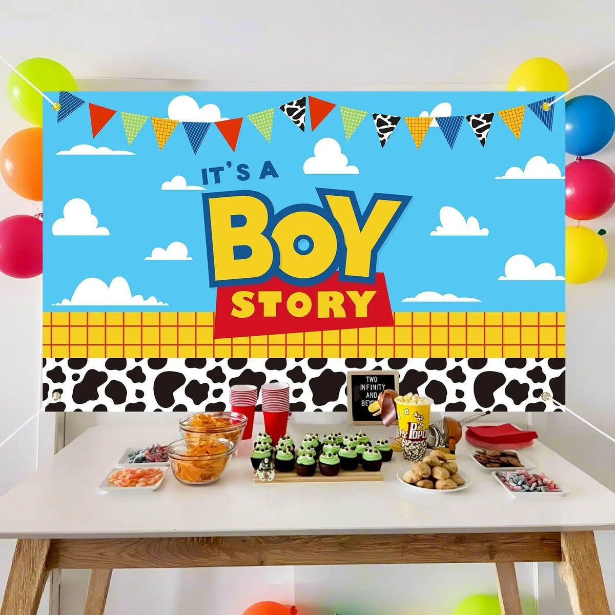 Toy Story Backdrop - Baby Shower "Boy Story", Cow and Sky Pattern