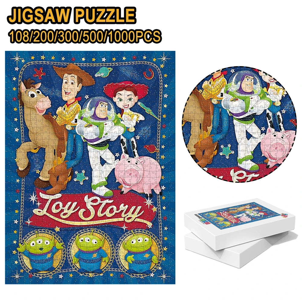 Toy Story Wooden Puzzle - Logo and Main Group, Retro Style Starry Space Background