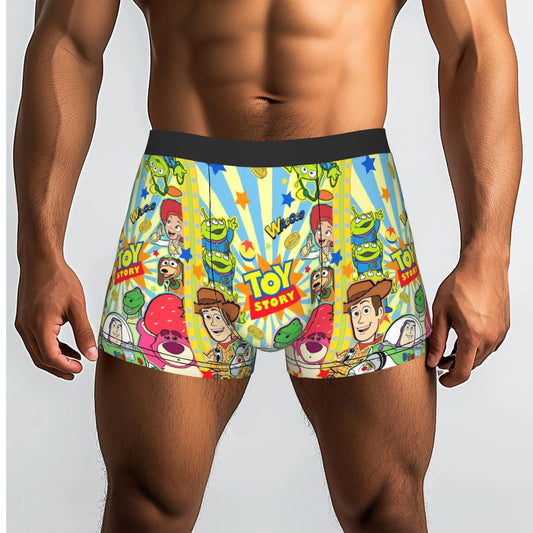 Toy Story Boxershorts – Vollständige Gelb-Blau-Streifen-Logo-Gruppe (Woody, Buzz, Jessie, Alien, Lotso, Rex)