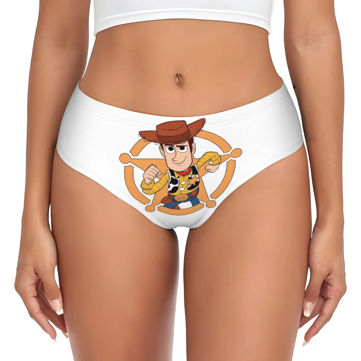 Culotte Woody - Pose Dynamique dans Étoile Shérif Dorée Fond Blanc (Tissu Respirant)