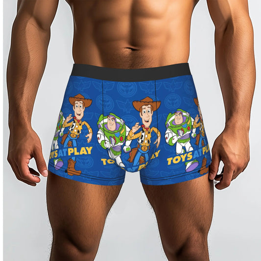 Woody und Buzz Boxer Shorts – Sich wiederholendes Muster blauer Hintergrund, Spielzeuge beim Spielen Text