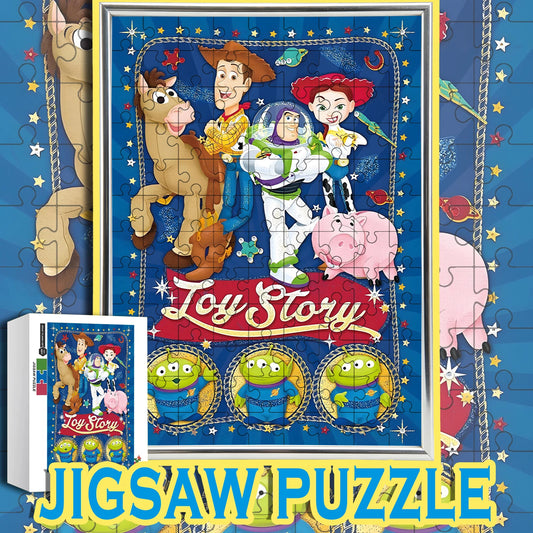 Toy Story Holzpuzzle – Logo und Hauptgruppe, Retro-Stil Sternenraum-Hintergrund