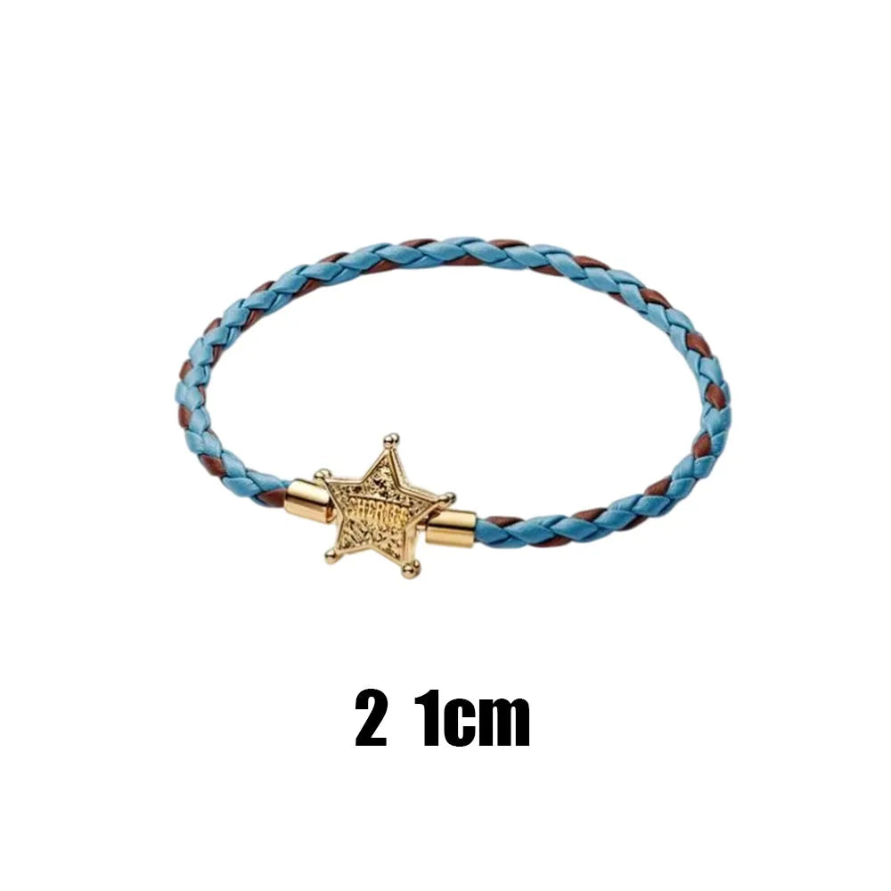 Bracelet Étoile de Shérif Woody - Cuir Tressé Bleu Marron 21cm