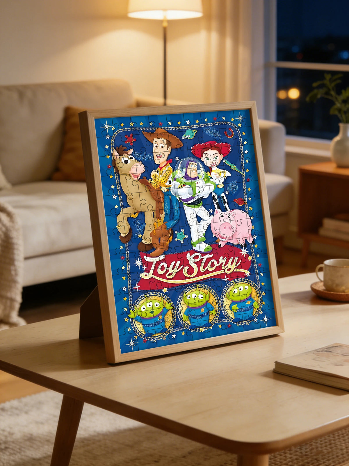Toy Story Wooden Puzzle - Logo and Main Group, Retro Style Starry Space Background
