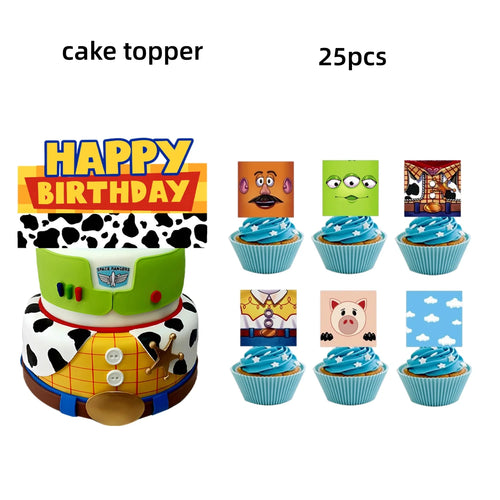 Topper per Torte e Cupcake Multi-Personaggio - Happy Birthday Potato Alien Woody Jessie Hamm 25pz
