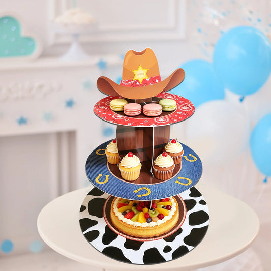 Cowboy Toy Story Cupcake-Stand – Kuh- und Hufeisenmuster, dreistöckiger Karton