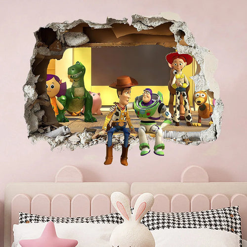Sticker Mural Toy Story - Effet trompe-l'œil mur brisé (Woody Buzz Jessie Rex)