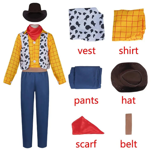Woody-Kostüm – Kuh-Strickjacke, roter Schal, blaue Hose, Kinder