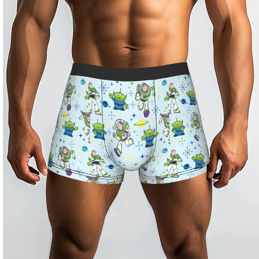 Buzz Lightyear und Alien Boxershorts – wiederholtes Muster Himmelblauer Hintergrund Sterne Planeten