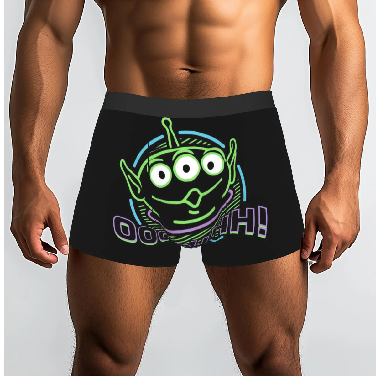 Alien boxershorts - zwarte neonstijl achtergrond, ooooohhh tekst