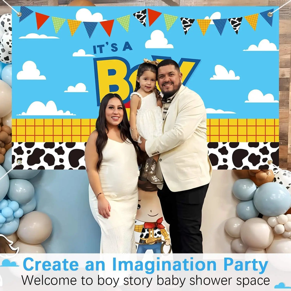 Toy Story Backdrop - Baby Shower "Boy Story", Cow and Sky Pattern
