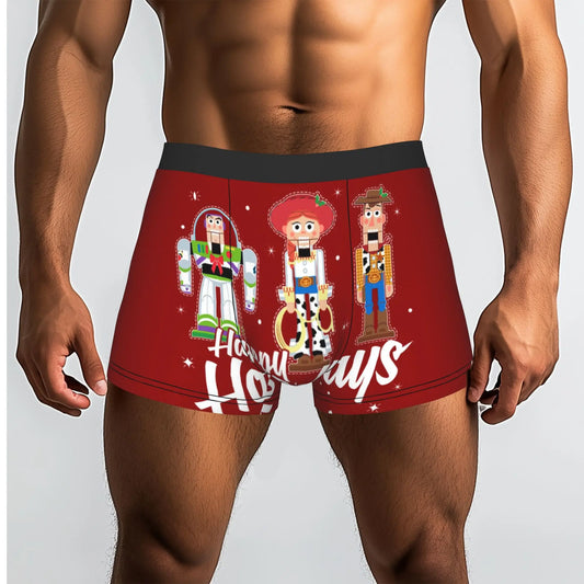 Toy Story Boxer Shorts – Nussknacker-Charaktere Roter Hintergrund, Frohe Feiertage Text (Buzz, Jessie, Woody)