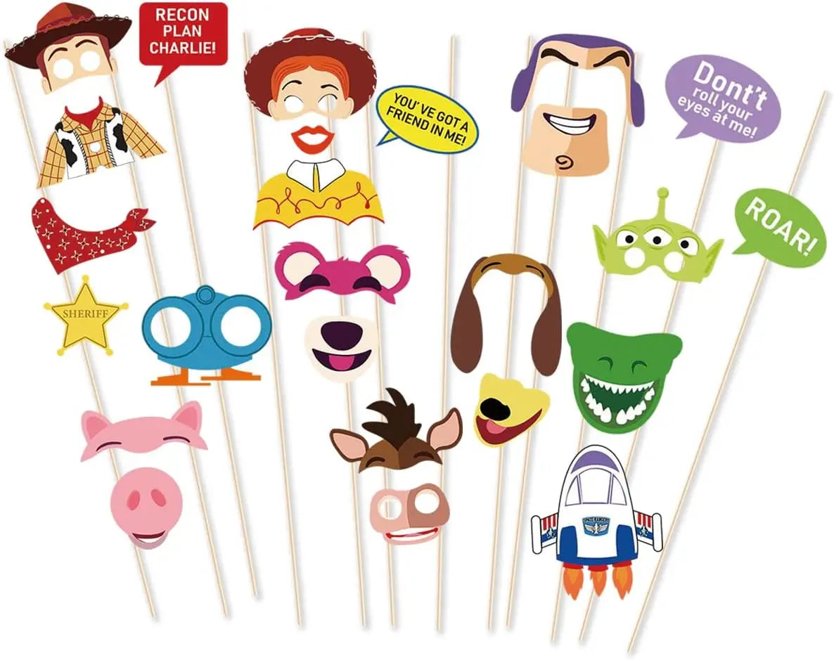 Toy Story Fotokabinen-Requisiten – Masken auf Stöcken, mehrere Charaktere (Buzz, Jessie, Bully, Specki, Zickzack, Lotso, Alien, Rex, Woody)