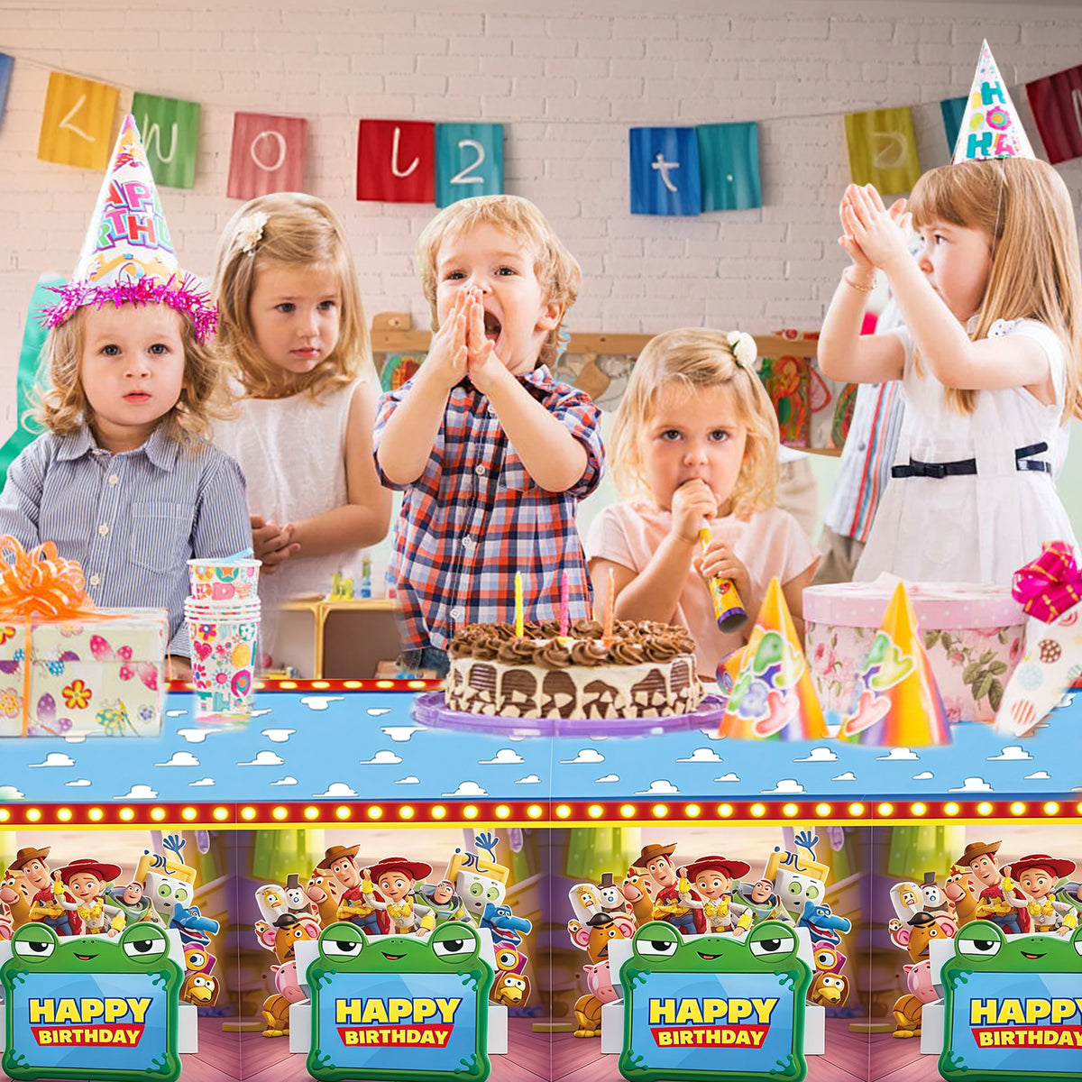 Toy Story tafelkleed - verjaardag, complete groep met leliepad