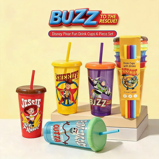 Toy Story Cup Set – "Buzz to the Rescue", Set aus 4 mit Strohhalmen (Jessie, Woody Sheriff, Buzz, Alien)
