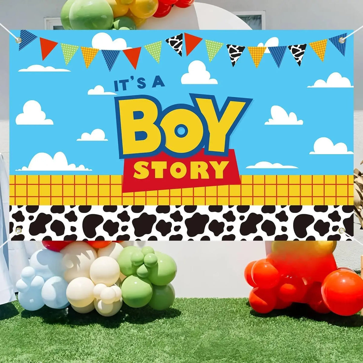 Toy Story Backdrop - Baby Shower "Boy Story", Cow and Sky Pattern